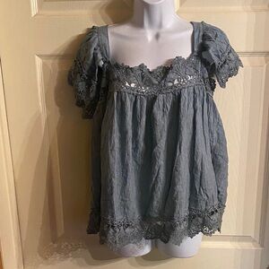 POL Lace Trimmed Blue Blouse